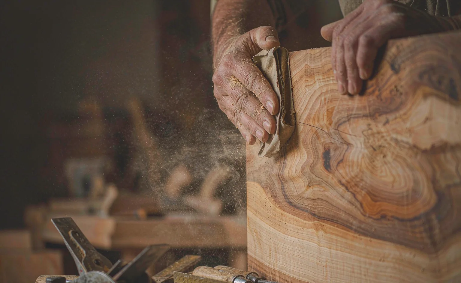 A craftsman hand-sanding a solid teak board at the workbench
